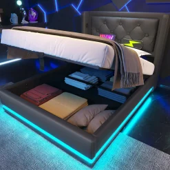 Lit 90x200 cm tapissé PU noir avec coffre hydraulique et tête de lit rembourrée, port USB-C intégré