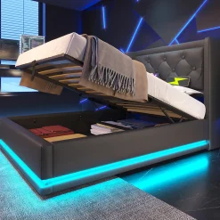 Lit 90x200 cm tapissé PU noir avec coffre hydraulique et tête de lit rembourrée, port USB-C intégré