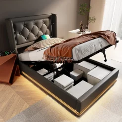 Lit 90x200 cm tapissé PU noir avec coffre hydraulique et tête de lit rembourrée, port USB-C intégré