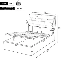 Lit 90x200 cm tapissé PU noir avec coffre de rangement hydraulique, tête de lit coffre et sommier à lattes