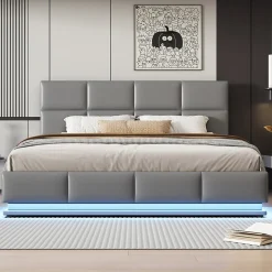 Lit 180x200 cm tapissé similicuir gris ciment avec LED, coffre hydraulique et tête de lit réglable 91/101 cm