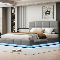 Lit 180x200 cm tapissé similicuir gris ciment avec LED, coffre hydraulique et tête de lit réglable 91/101 cm