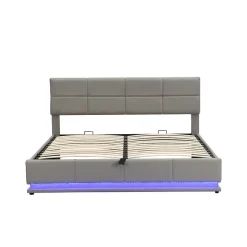 Lit 180x200 cm tapissé similicuir gris ciment avec LED, coffre hydraulique et tête de lit réglable 91/101 cm