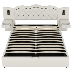 Lit 180x200 cm tapissé tissu effet lin beige avec tête de lit intégrée, coffre hydraulique et prises USB