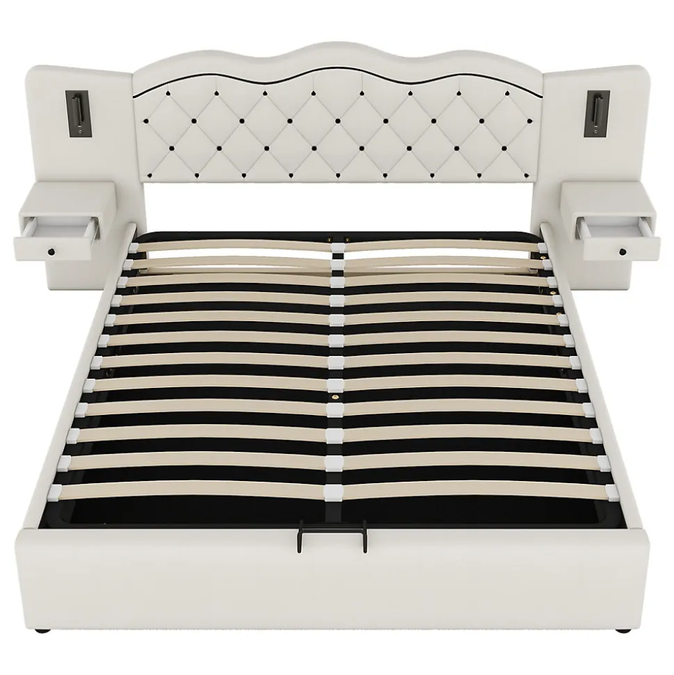 Lit 180x200 cm tapissé tissu effet lin beige avec tête de lit intégrée, coffre hydraulique et prises USB