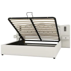 Lit 180x200 cm tapissé tissu effet lin beige avec tête de lit intégrée, coffre hydraulique et prises USB