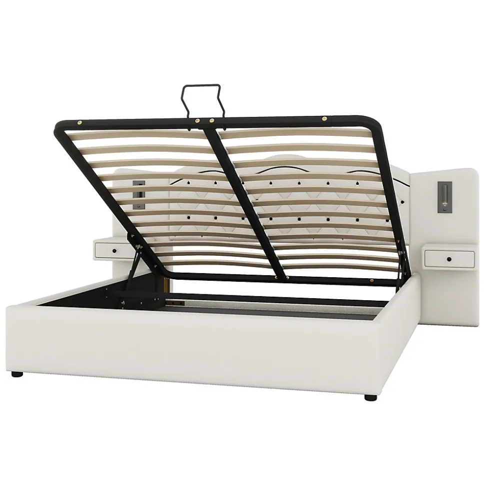 Lit 180x200 cm tapissé tissu effet lin beige avec tête de lit intégrée, coffre hydraulique et prises USB