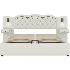 Lit 180x200 cm tapissé tissu effet lin beige avec tête de lit intégrée, coffre hydraulique et prises USB