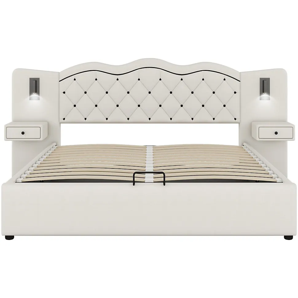 Lit 180x200 cm tapissé tissu effet lin beige avec tête de lit intégrée, coffre hydraulique et prises USB