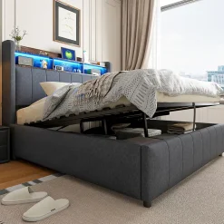 Lit 140x200 cm tapissé tissu lin gris avec rangement hydraulique, tête de lit à LED changeantes et ports USB