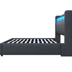 Lit 140x200 cm tapissé tissu lin gris avec rangement hydraulique, tête de lit à LED changeantes et ports USB