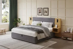 Lit 180x200 cm tapissé velours avec rangement hydraulique, éclairage et prises USB, 2 chevets assortis