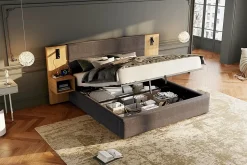 Lit 180x200 cm tapissé velours avec rangement hydraulique, éclairage et prises USB, 2 chevets assortis