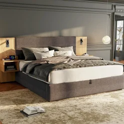 Lit 180x200 cm tapissé velours avec rangement hydraulique, éclairage et prises USB, 2 chevets assortis