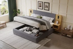 Lit 180x200 cm tapissé velours avec rangement hydraulique, éclairage et prises USB, 2 chevets assortis