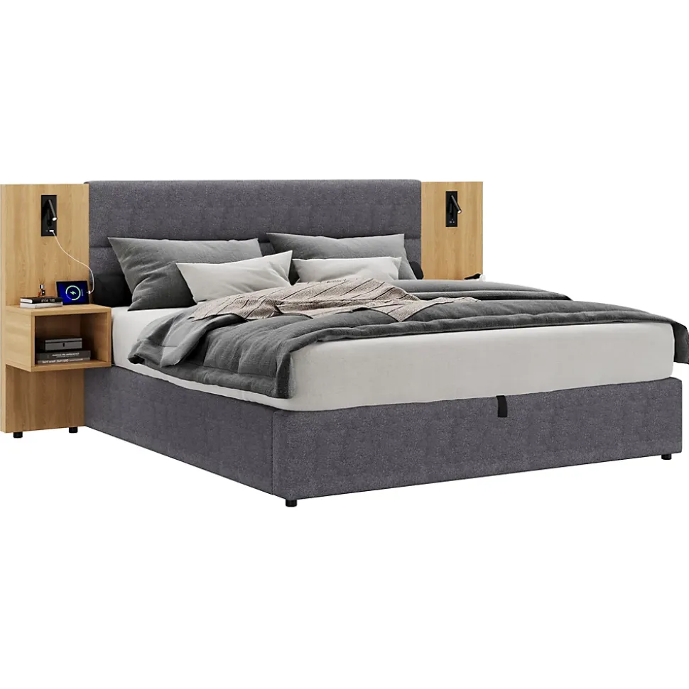 Lit 180x200 cm tapissé velours avec rangement hydraulique, éclairage et prises USB, 2 chevets assortis