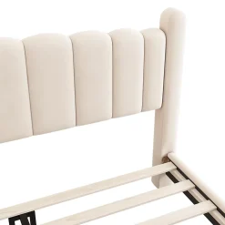 Lit 160x200 cm tapissé velours beige avec tête de lit ondulée et pieds cylindriques 43,5 cm