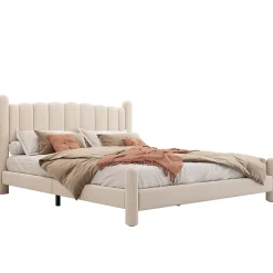 Lit 160x200 cm tapissé velours beige avec tête de lit ondulée et pieds cylindriques 43,5 cm