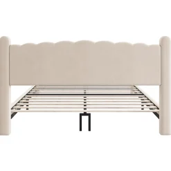 Lit 160x200 cm tapissé velours beige avec tête de lit ondulée et pieds cylindriques 43,5 cm