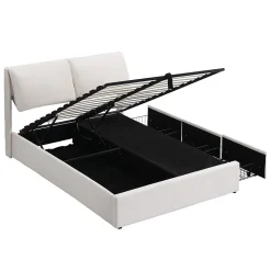 Lit 140x200 cm tapissé velours beige avec coffre intégré, 3 tiroirs latéraux et tête de lit réglable