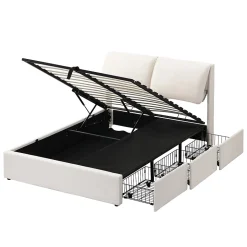 Lit 140x200 cm tapissé velours beige avec coffre intégré, 3 tiroirs latéraux et tête de lit réglable