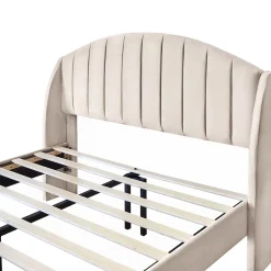 Lit 140x200 cm tapissé velours beige avec tête de lit rembourrée et sommier à lattes en bois, style intemporel