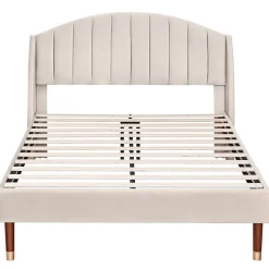 Lit 140x200 cm tapissé velours beige avec tête de lit rembourrée et sommier à lattes en bois, style intemporel