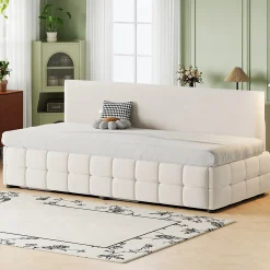 Lit 90x200 cm tapissé velours beige avec rangement hydraulique, dossier sans accoudoirs, motif carreaux discret