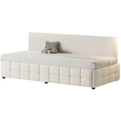 Lit 90x200 cm tapissé velours beige avec rangement hydraulique, dossier sans accoudoirs, motif carreaux discret