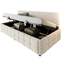 Lit 90x200 cm tapissé velours beige avec rangement hydraulique, dossier sans accoudoirs, motif carreaux discret