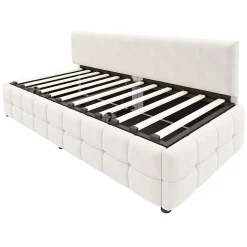 Lit 90x200 cm tapissé velours beige avec rangement hydraulique, dossier sans accoudoirs, motif carreaux discret