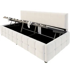 Lit 90x200 cm tapissé velours beige avec rangement hydraulique, dossier sans accoudoirs, motif carreaux discret