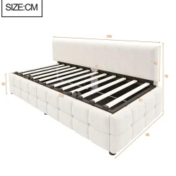 Lit 90x200 cm tapissé velours beige avec rangement hydraulique, dossier sans accoudoirs, motif carreaux discret