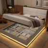 Lit 140x200 cm tapissé velours beige avec coffre XXL, tête de lit 3 positions et éclairage LED