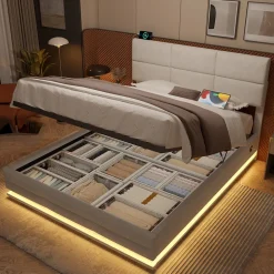 Lit 140x200 cm tapissé velours beige avec coffre XXL, tête de lit 3 positions et éclairage LED