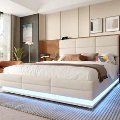 Lit 140x200 cm tapissé velours beige avec coffre XXL, tête de lit 3 positions et éclairage LED