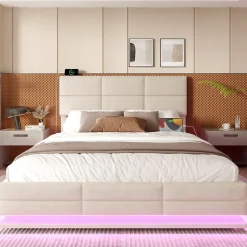 Lit 140x200 cm tapissé velours beige avec coffre XXL, tête de lit 3 positions et éclairage LED