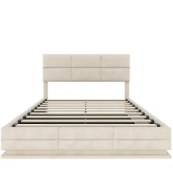 Lit 140x200 cm tapissé velours beige avec coffre XXL, tête de lit 3 positions et éclairage LED