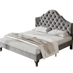 Lit 140x200 cm tapissé velours gris avec tête rembourrée et lattes en bois, design élégant