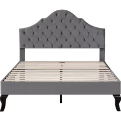 Lit 140x200 cm tapissé velours gris avec tête rembourrée et lattes en bois, design élégant