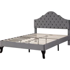 Lit 140x200 cm tapissé velours gris avec tête rembourrée et lattes en bois, design élégant