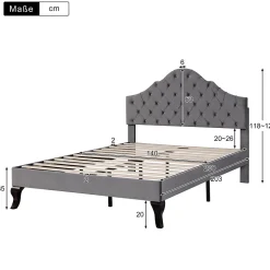 Lit 140x200 cm tapissé velours gris avec tête rembourrée et lattes en bois, design élégant