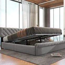 Lit 180x200 cm tapissé velours gris avec tête de lit réglable, sommier à lattes et grand coffre de rangement