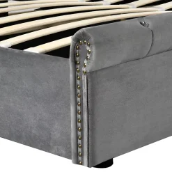 Lit 180x200 cm tapissé velours gris avec tête de lit réglable, sommier à lattes et grand coffre de rangement