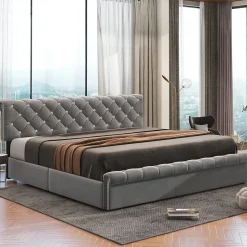Lit 180x200 cm tapissé velours gris avec tête de lit réglable, sommier à lattes et grand coffre de rangement