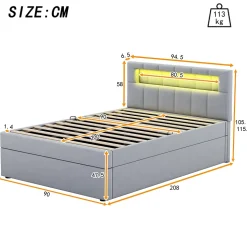 Lit 90x200 cm tapissé velours gris avec éclairage d'ambiance LED, coffre de rangement et tête de lit réglable