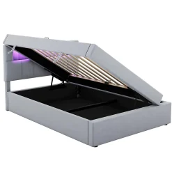 Lit 90x200 cm tapissé velours gris avec éclairage d'ambiance LED, coffre de rangement et tête de lit réglable