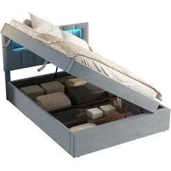 Lit 90x200 cm tapissé velours gris avec éclairage d'ambiance LED, coffre de rangement et tête de lit réglable