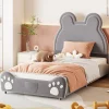 Lit 90x200 cm tapissé velours gris en forme d'ours, design ludique et confortable pour chambre d'enfant