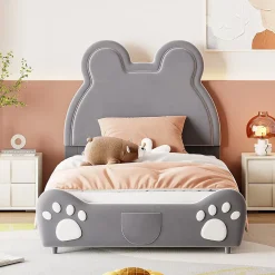 Lit 90x200 cm tapissé velours gris en forme d'ours, design ludique et confortable pour chambre d'enfant